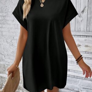 LOOSE FIT SOLID COLOR ROUND NECK BATWING SLEEVE DRESS