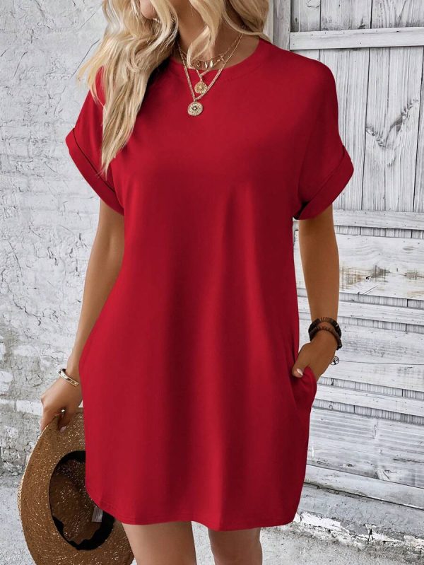 LOOSE FIT SOLID COLOR ROUND NECK BATWING SLEEVE DRESS