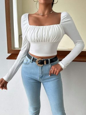 SQUARE NECK RUCHED BUST CROP WHITE TEE